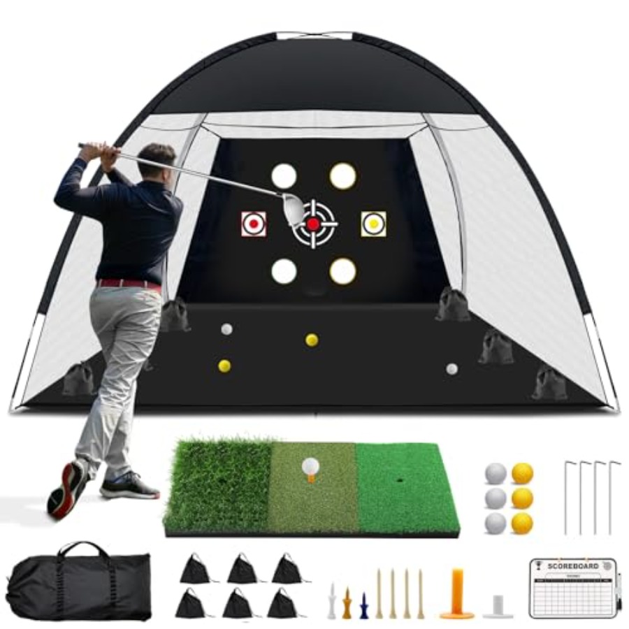 Practice Net Hitting - ゴルフネット、10x7フィート練習用ゴルフネット（トリターフマット、ボール、ティーシュート用ティー、キャリーバッグ付き）、オールインワンマルチターゲットトレーニング補助具