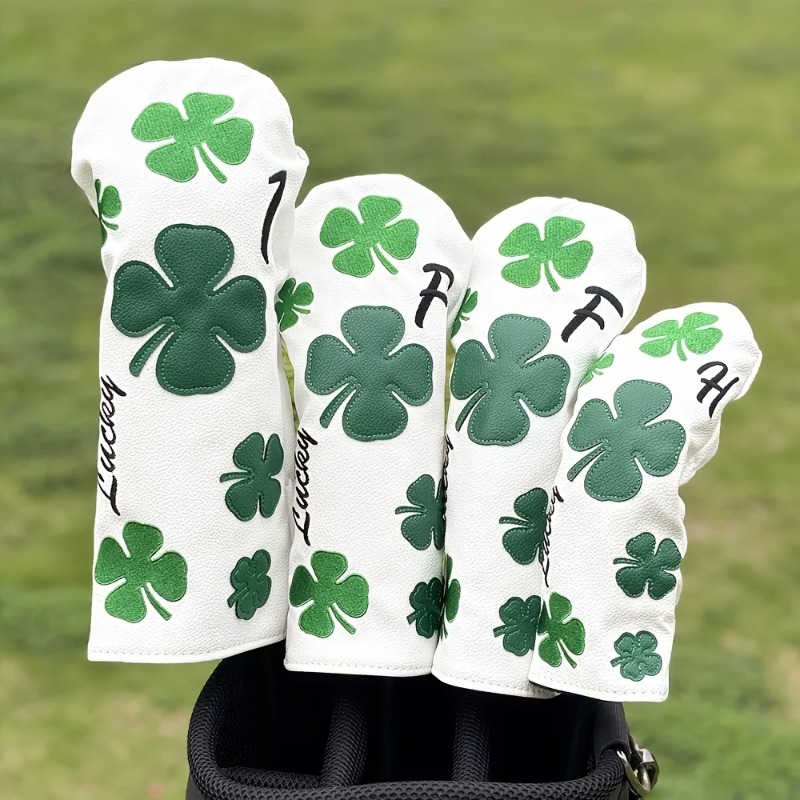 Golf Equipment Storage - スタイリッシュなクローバーゴルフクラブヘッドカバー - 耐久性のある白地に緑の四つ葉のクローバーデザイン、保護用クラブプロテクター