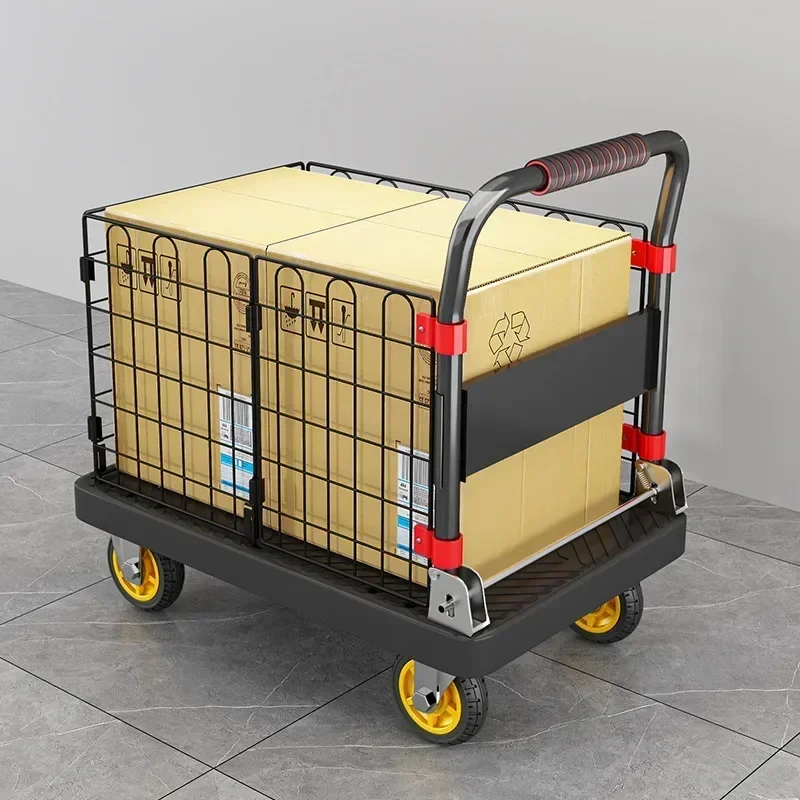 Pull Cart Fold - 家庭用品 フェンス付きフラットベッドカート 折りたたみ式静音家庭用プルトロリー 搬送用四輪小型トレーラー 小型プルトラック