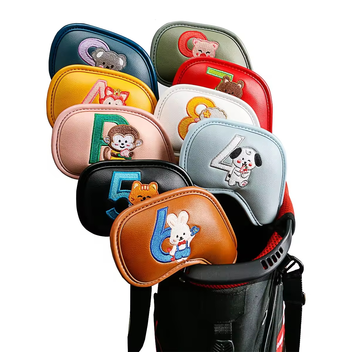 Golf Equipment Storage - 9個入りのかわいい漫画風動物ゴルフアイアンヘッドカバー、PUレザー刺繍クラブプロテクター、男性女性ゴルファーへのゴルフアクセサリーギフト